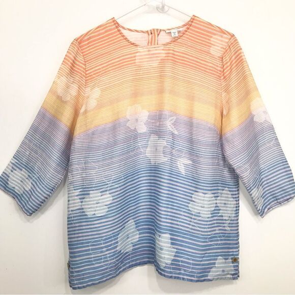 J. Jill Love Linen Multicolored Striped Floral Linen Popover Blouse - Picture 1 of 15